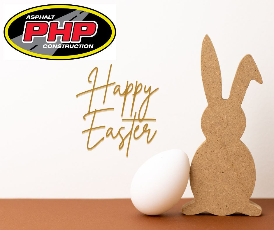 Happy Easter bunny and egg with Pothole People Qld logo